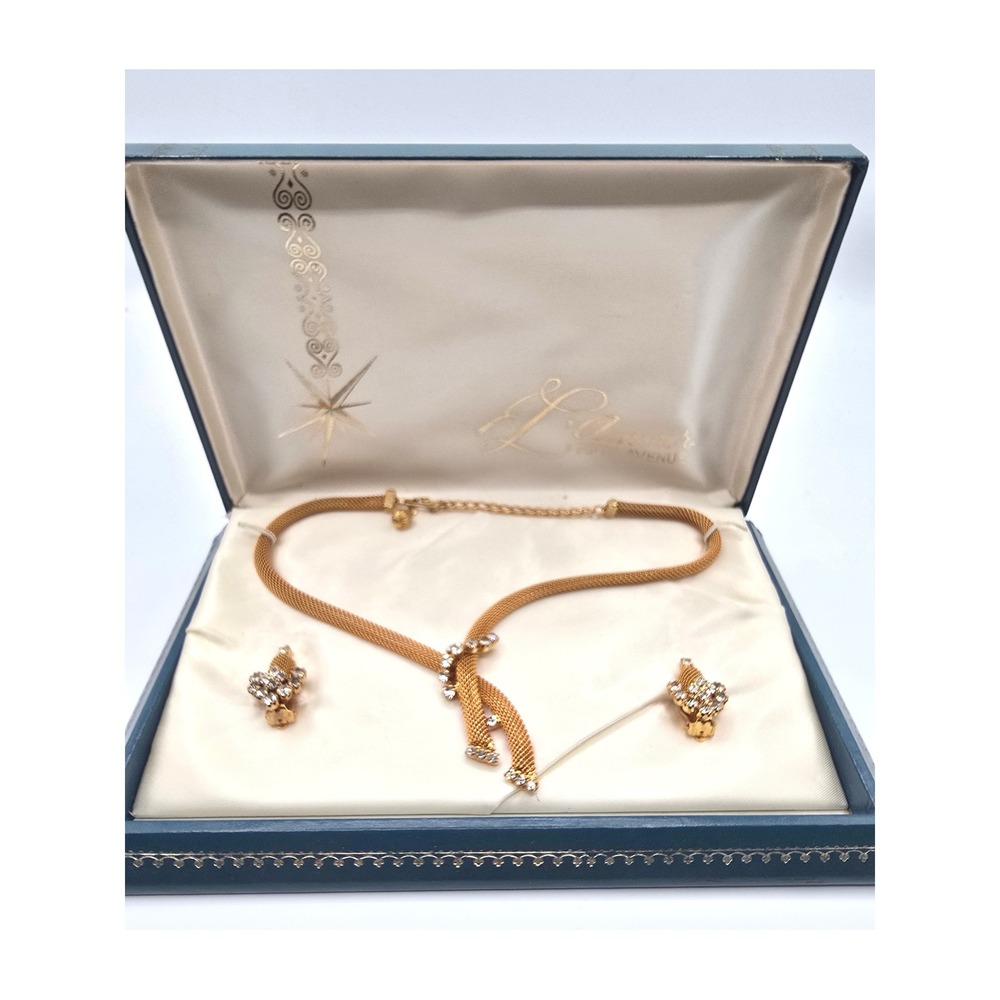 L'amour Fifth Avenue Vintage Gold Tone Mesh Rhinestone Necklace Earrings Set Box